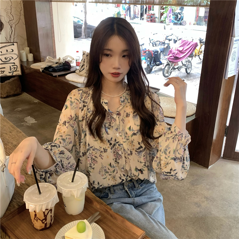 France style sunscreen tops floral chiffon shirt for women