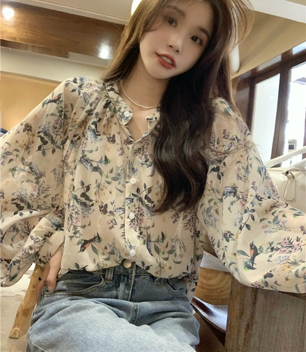 France style sunscreen tops floral chiffon shirt for women
