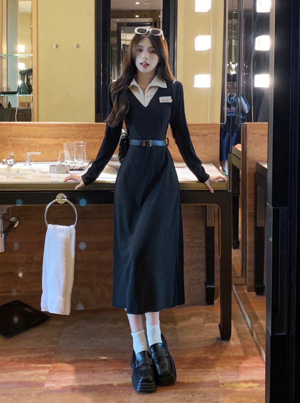 Long long sleeve slim pinched waist autumn temperament dress