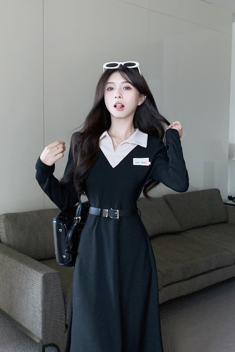 Long long sleeve slim pinched waist autumn temperament dress