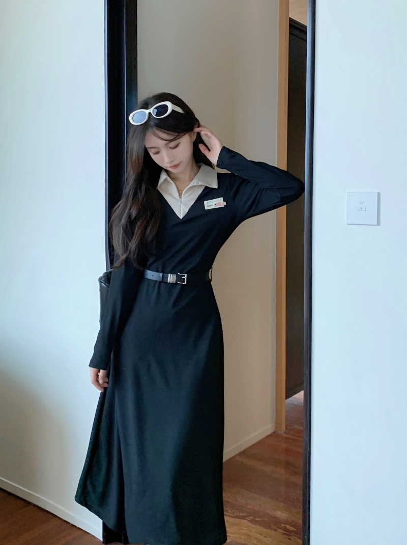 Long long sleeve slim pinched waist autumn temperament dress