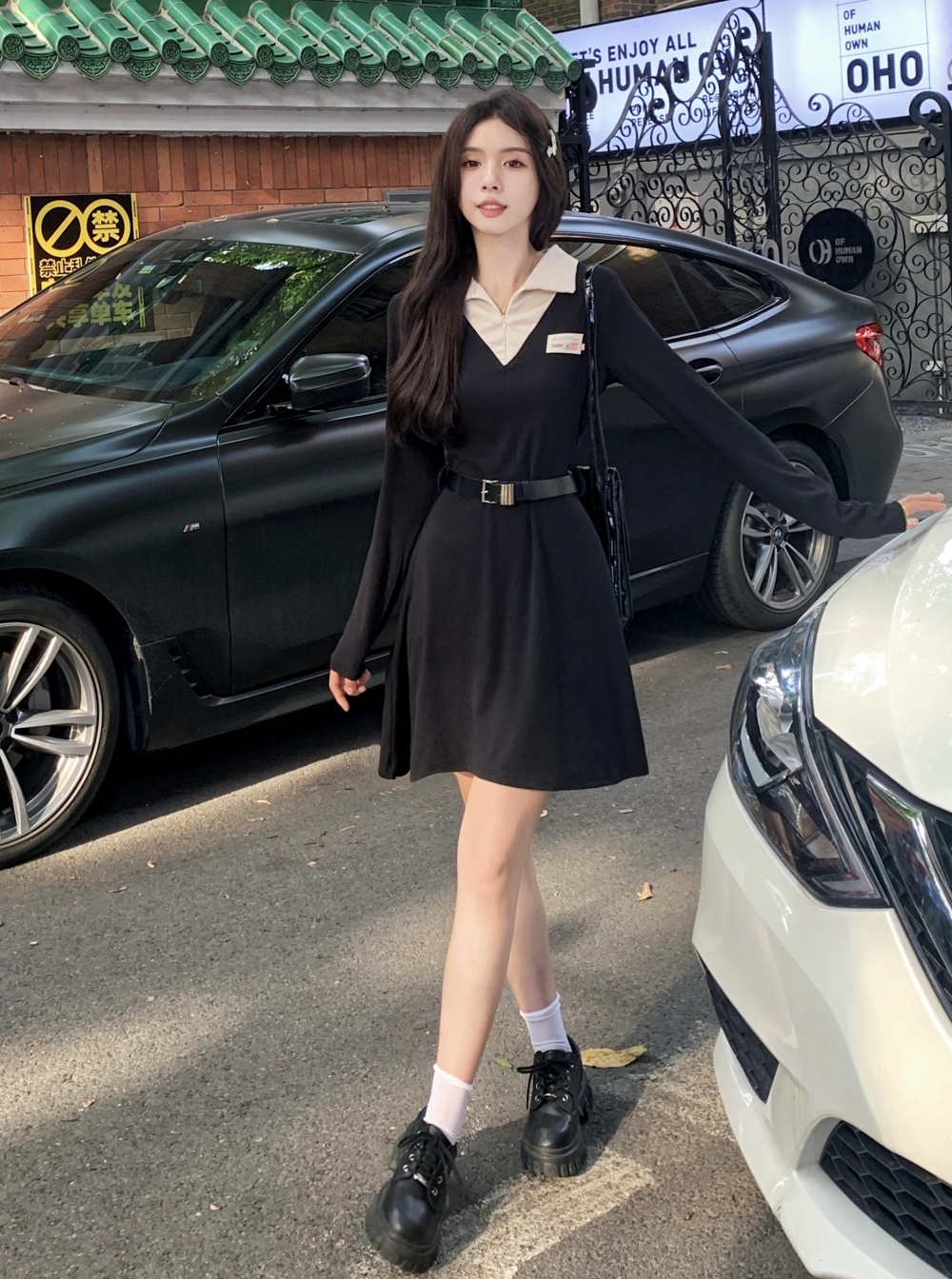 Pinched waist autumn slim short long sleeve temperament dress