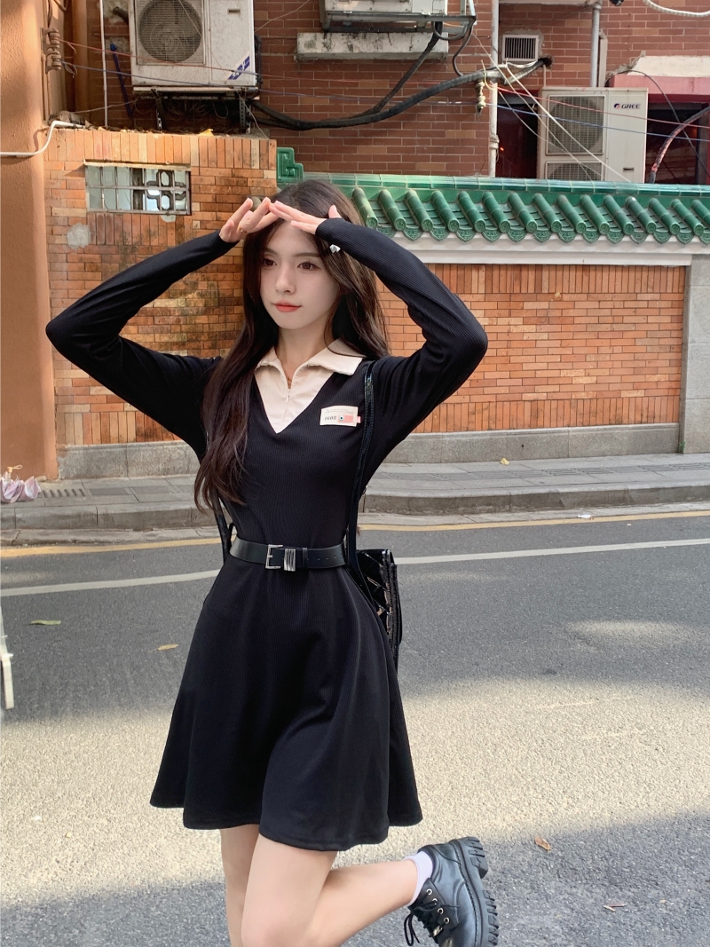 Pinched waist autumn slim short long sleeve temperament dress