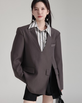 Retro no collar coat long business suit for women