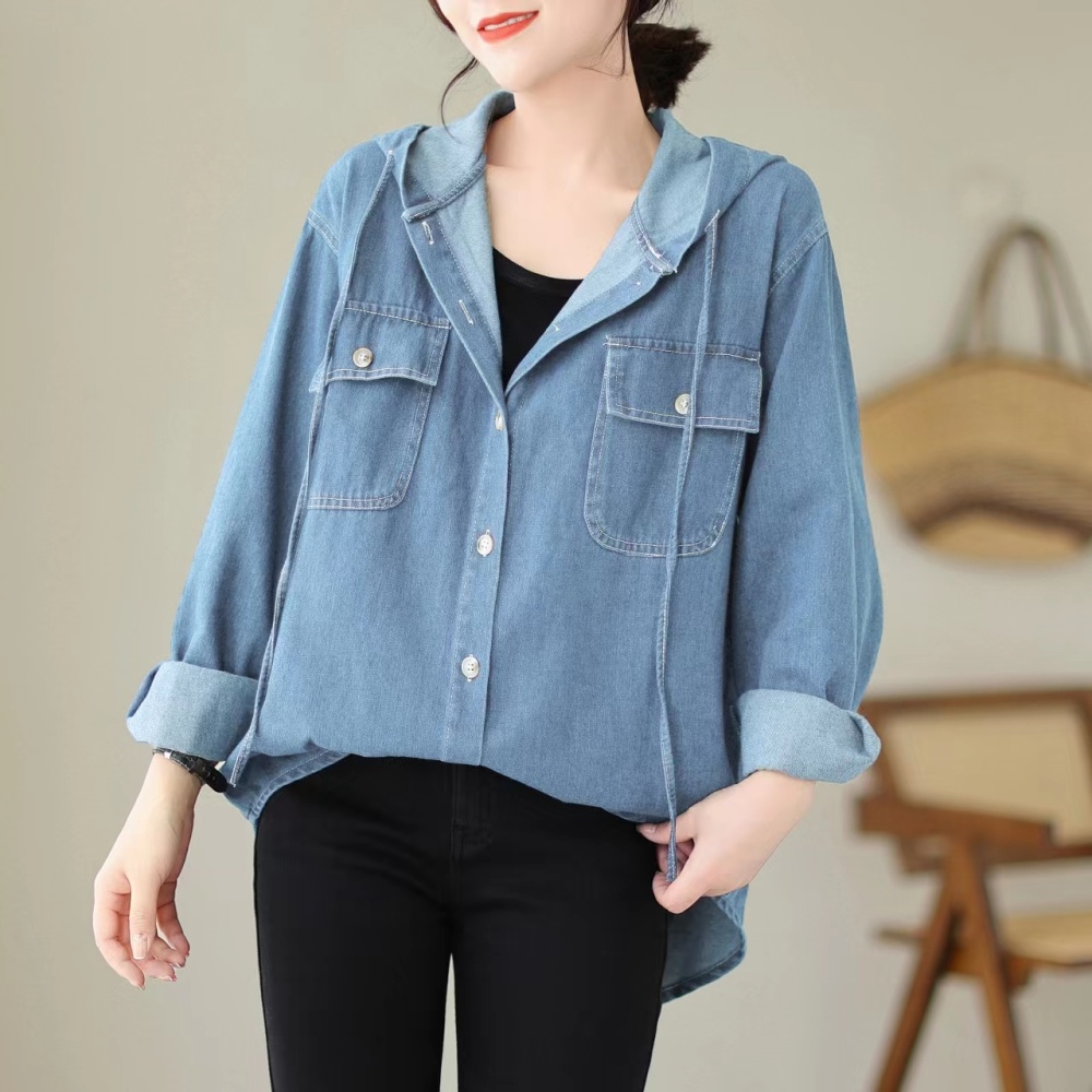 Hooded Casual autumn shirt denim Korean style tops for women