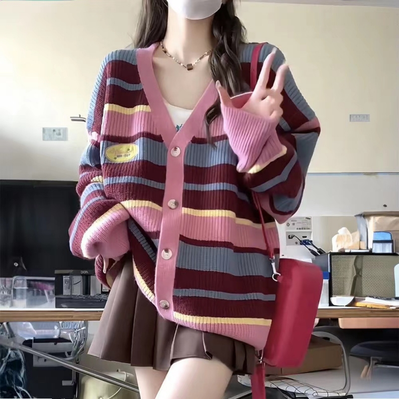 Sweet Korean style cardigan stripe sweater for women