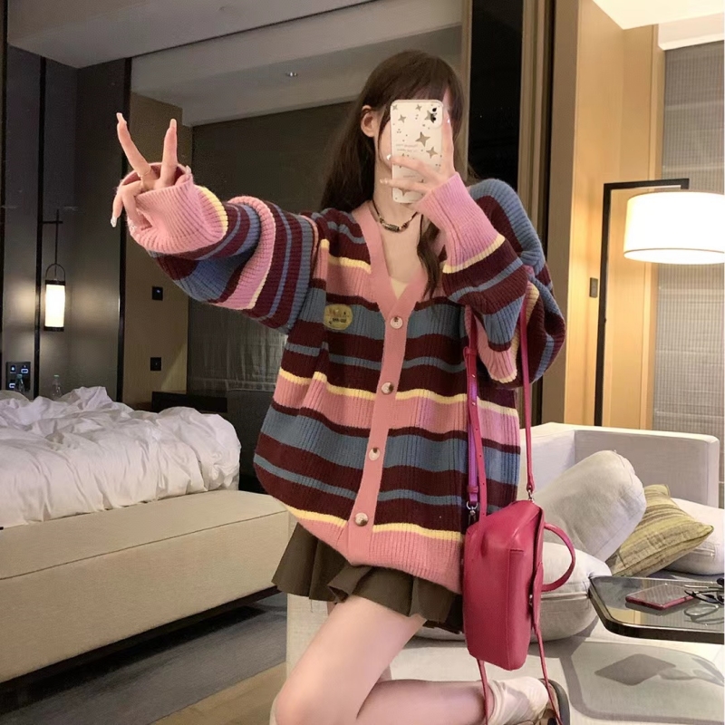 Sweet Korean style cardigan stripe sweater for women
