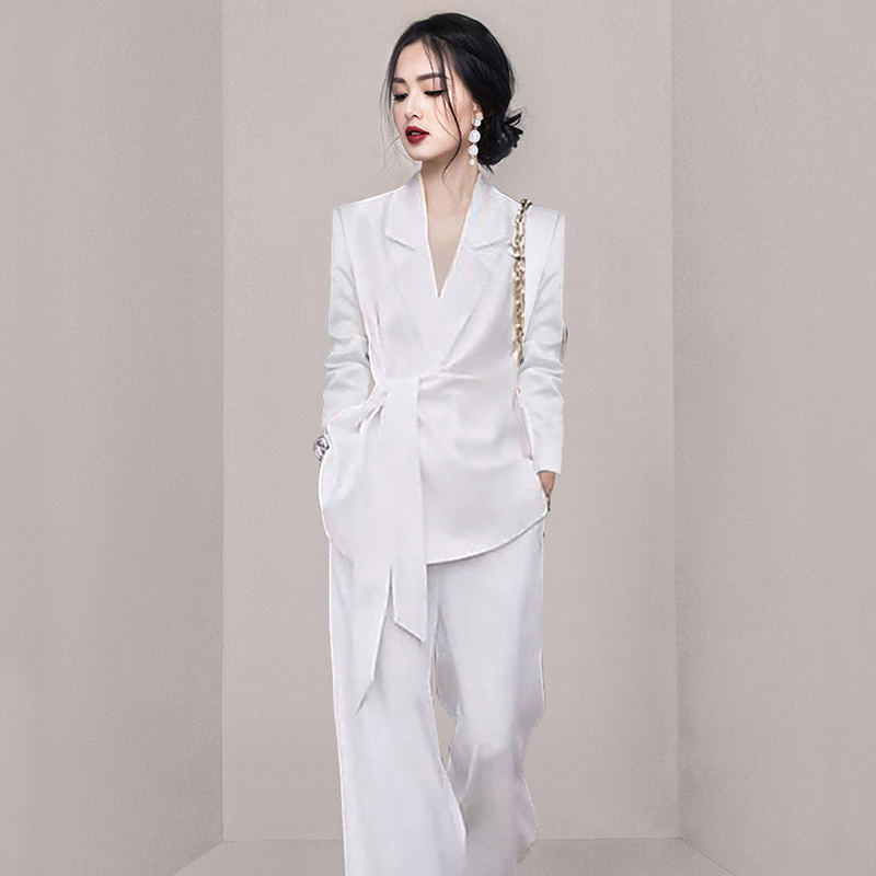 White business suit wide leg pants 2pcs set for women