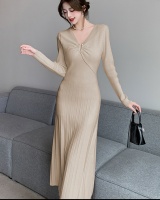 Long sleeve slim knitted V-neck spring and autumn pure dress