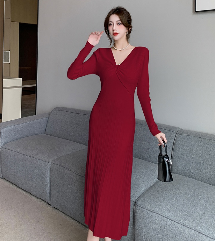 Long sleeve slim knitted V-neck spring and autumn pure dress