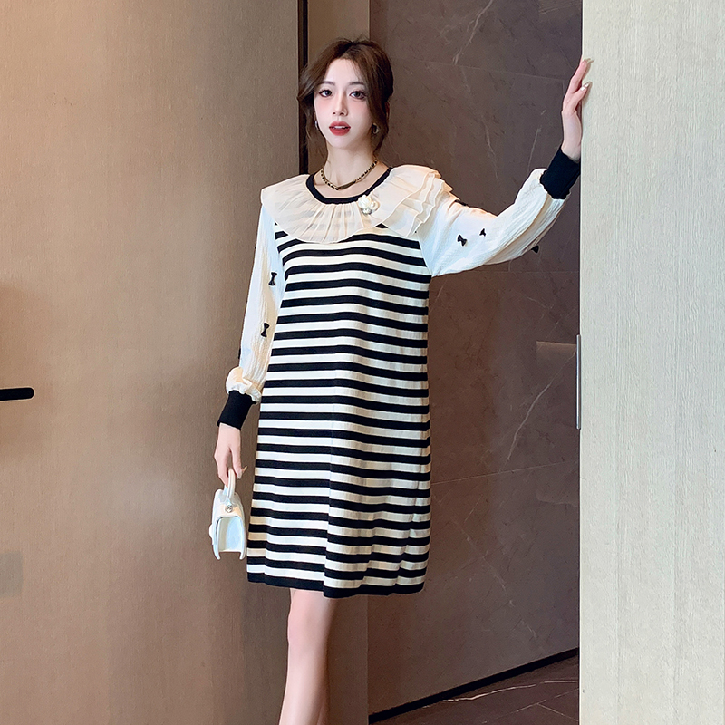 Long sleeve pullover stripe knitted sweet bow dress