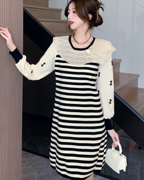 Long sleeve pullover stripe knitted sweet bow dress