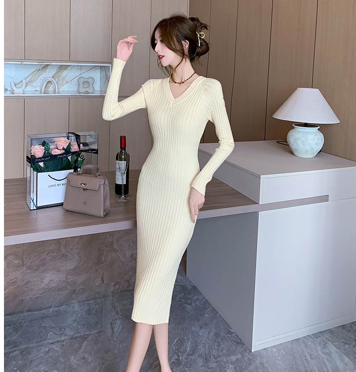 Pure V-neck slim long dress knitted simple dress