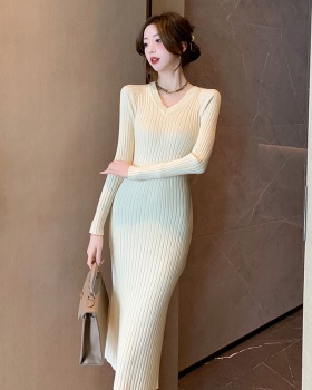 Pure V-neck slim long dress knitted simple dress