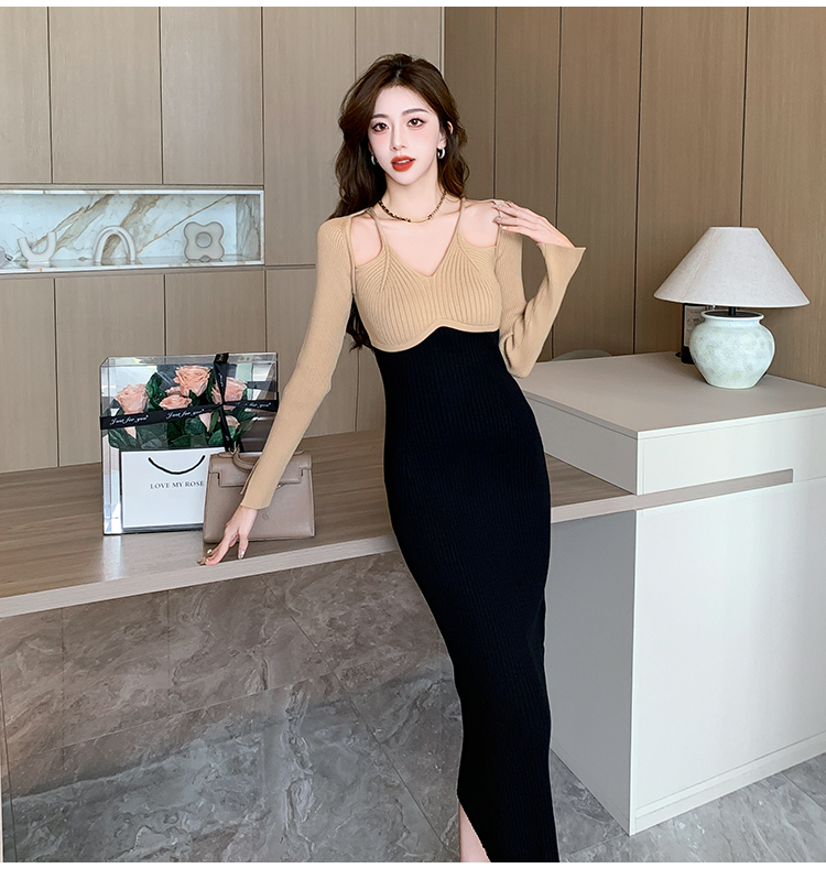 Autumn and winter V-neck strapless knitted retro dress