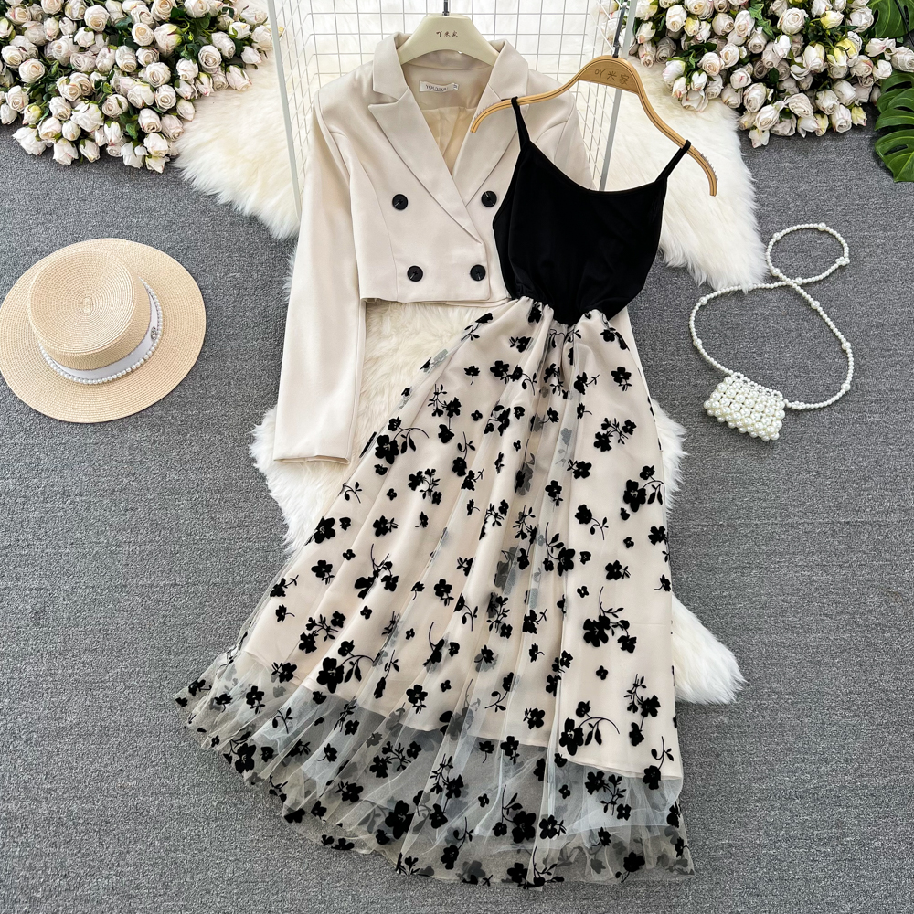 Pinched waist slim dress polka dot business suit 2pcs set