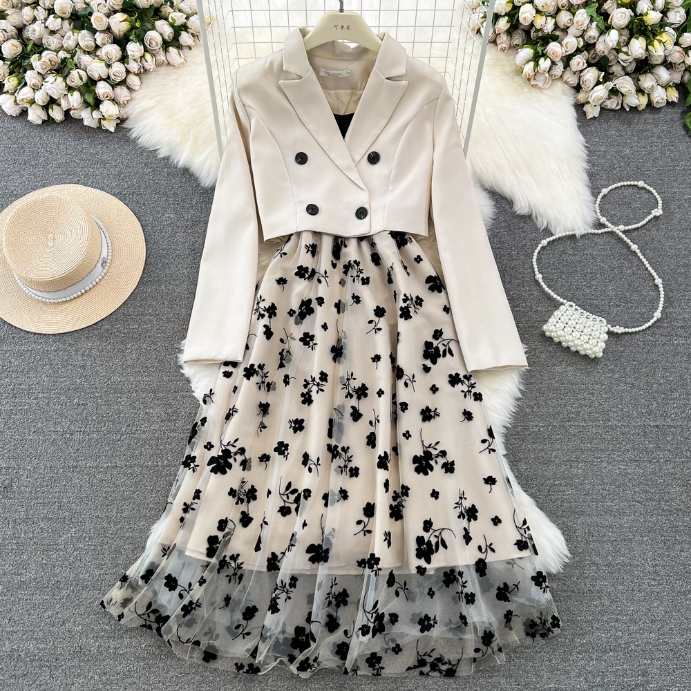 Pinched waist slim dress polka dot business suit 2pcs set