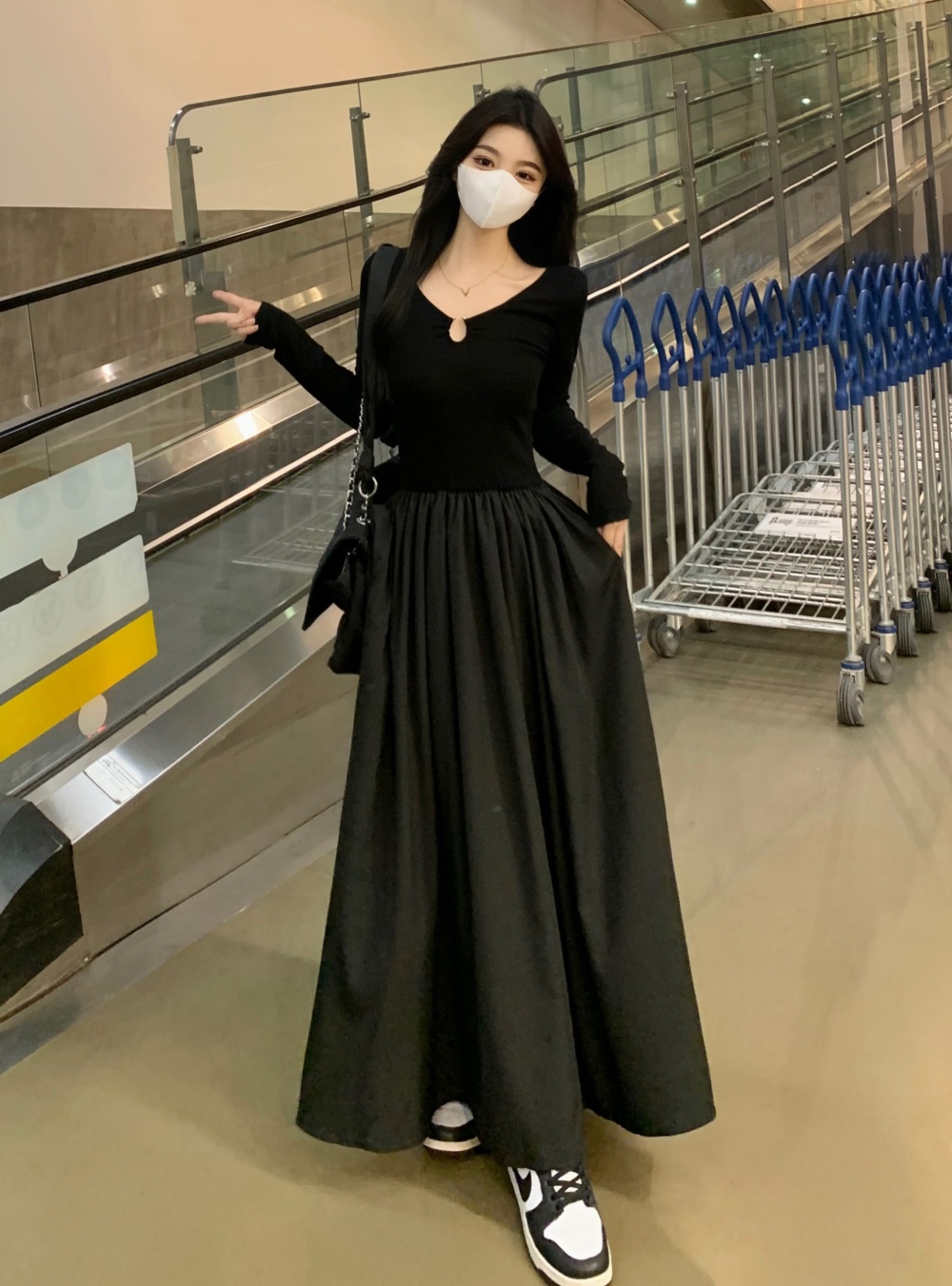 Temperament slim pinched waist long sleeve dress