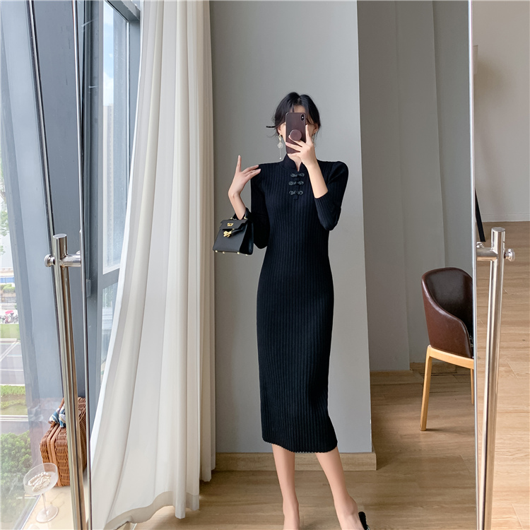 Long sleeve knitted dress retro cheongsam for women