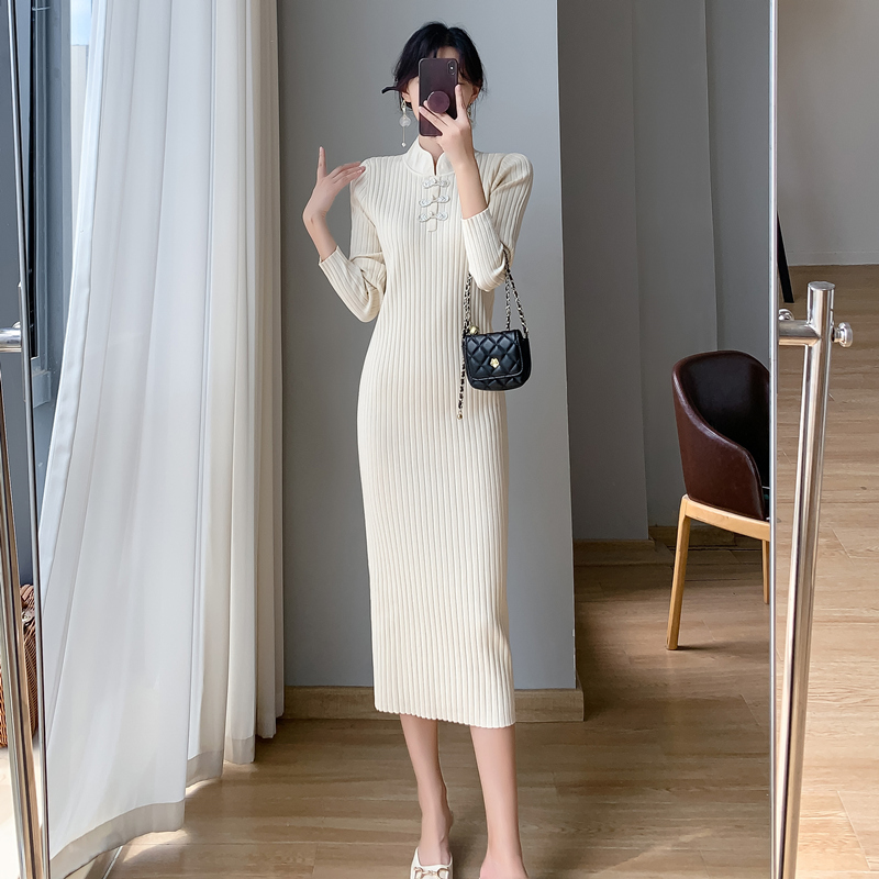 Long sleeve knitted dress retro cheongsam for women