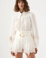 Retro slim white shirt high waist autumn flowers shorts a set