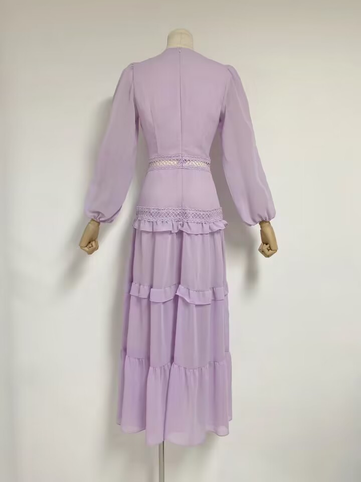 V-neck purple autumn dress lace split long dress