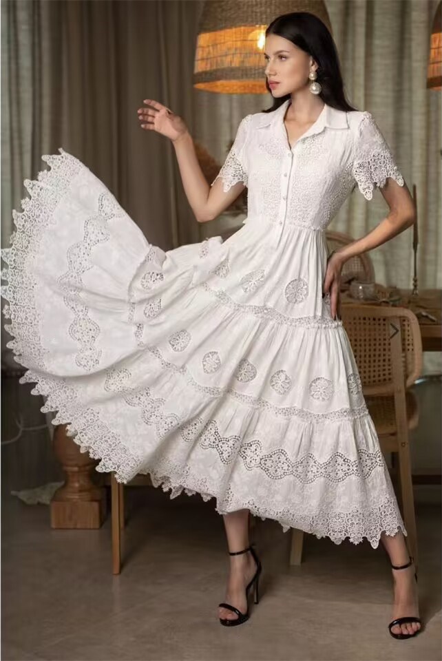 Embroidery hollow flowers long dress white elegant dress