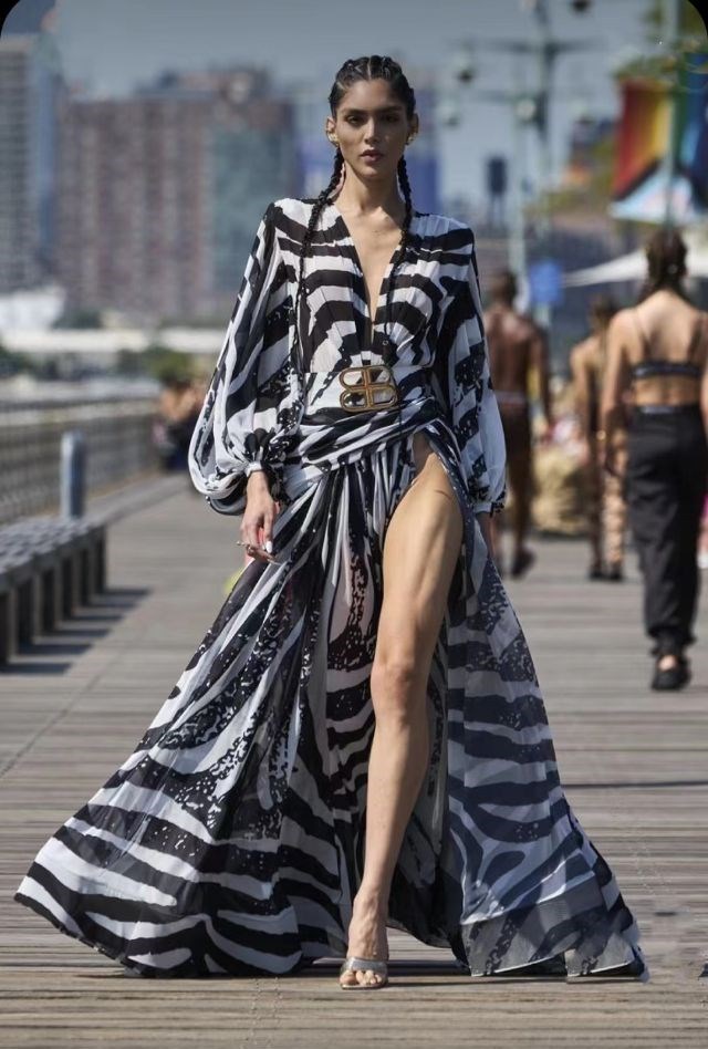 V-neck catwalk long dress zebra European style dress