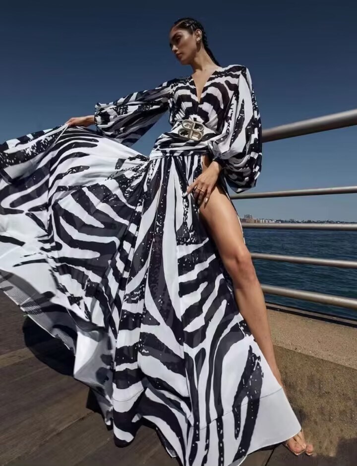 V-neck catwalk long dress zebra European style dress
