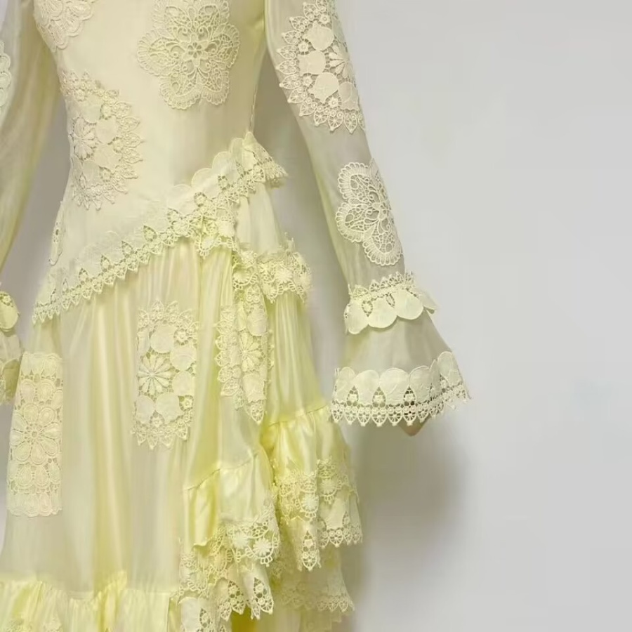 Stereoscopic court style long dress stitching round neck dress
