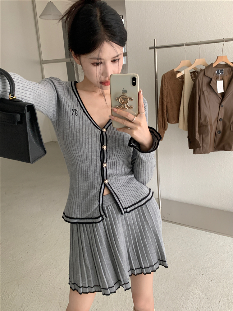 Pleated knitted skirt pure coat 2pcs set for women