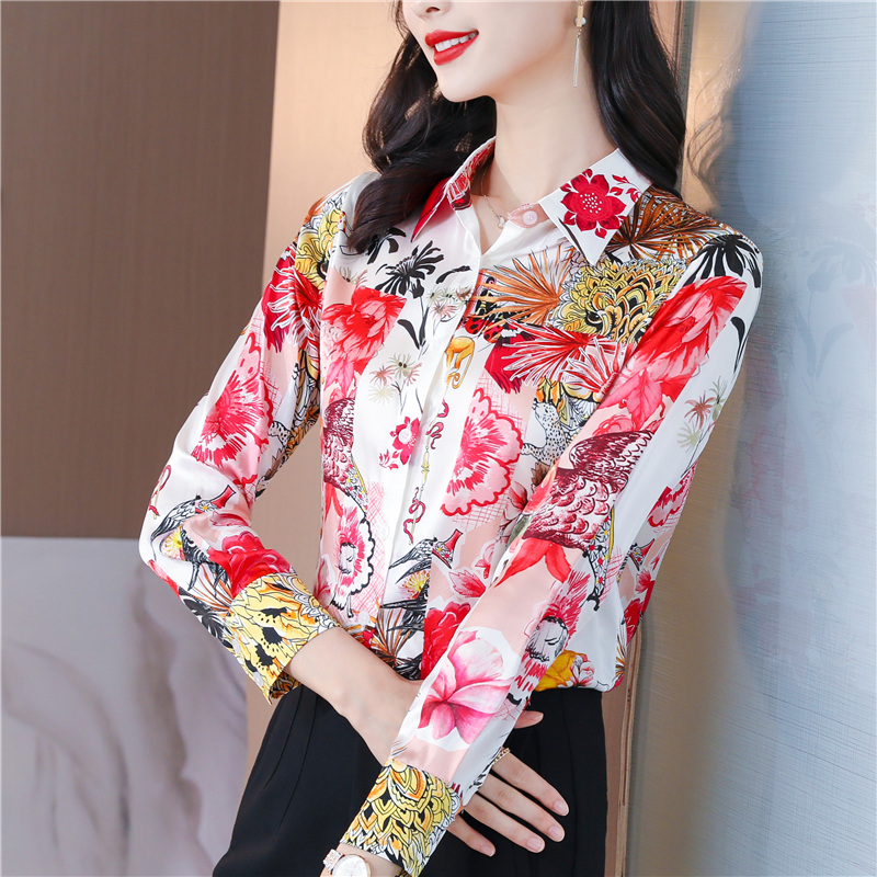 Autumn real silk long sleeve tops printing silk shirt for women