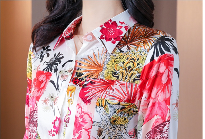 Autumn real silk long sleeve tops printing silk shirt for women