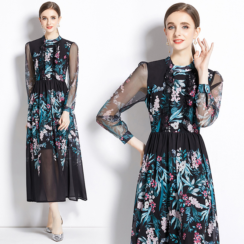 Pinched waist autumn ladies floral temperament long dress