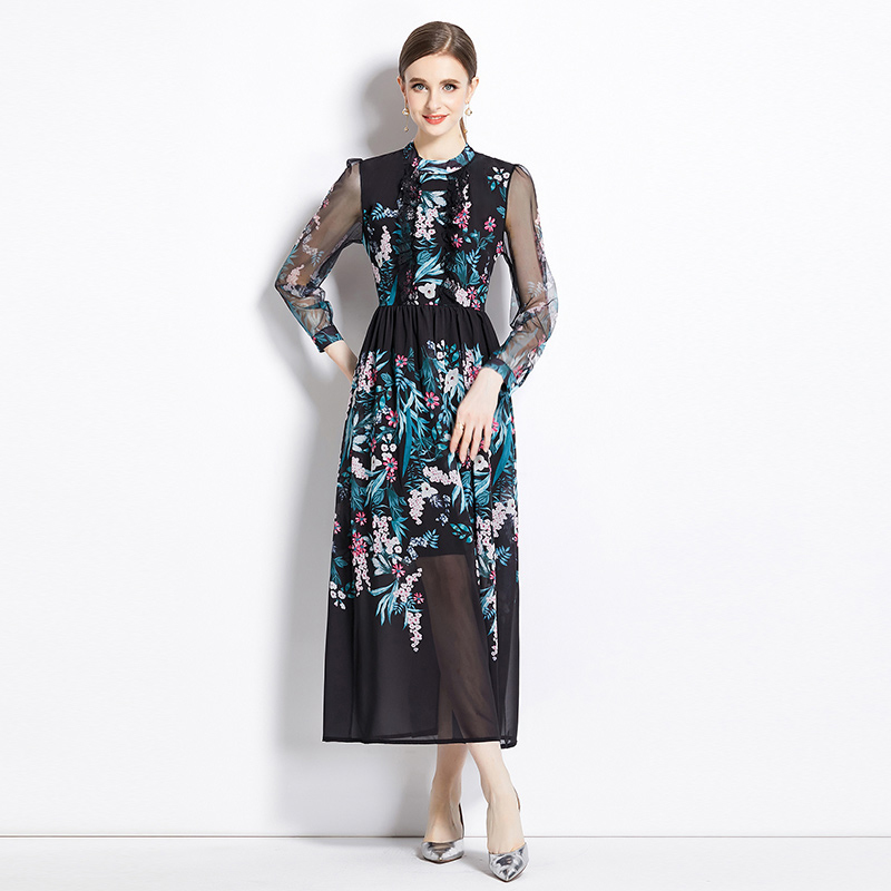 Pinched waist autumn ladies floral temperament long dress