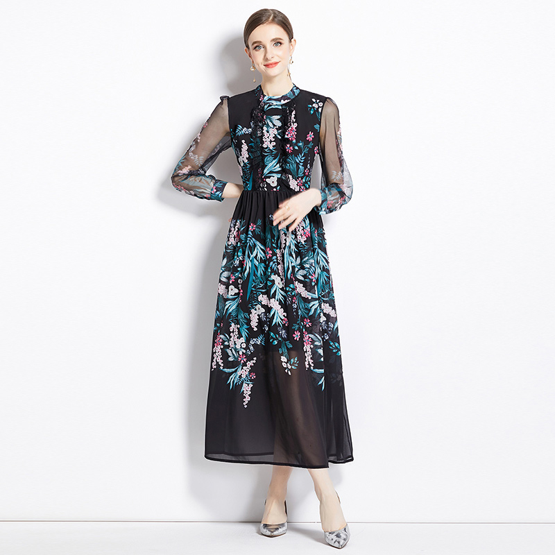 Pinched waist autumn ladies floral temperament long dress