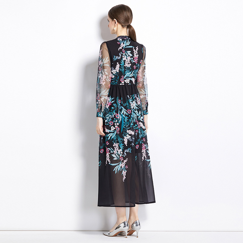 Pinched waist autumn ladies floral temperament long dress