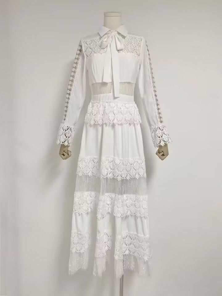 Bow white slim long dress lace splice frenum dress