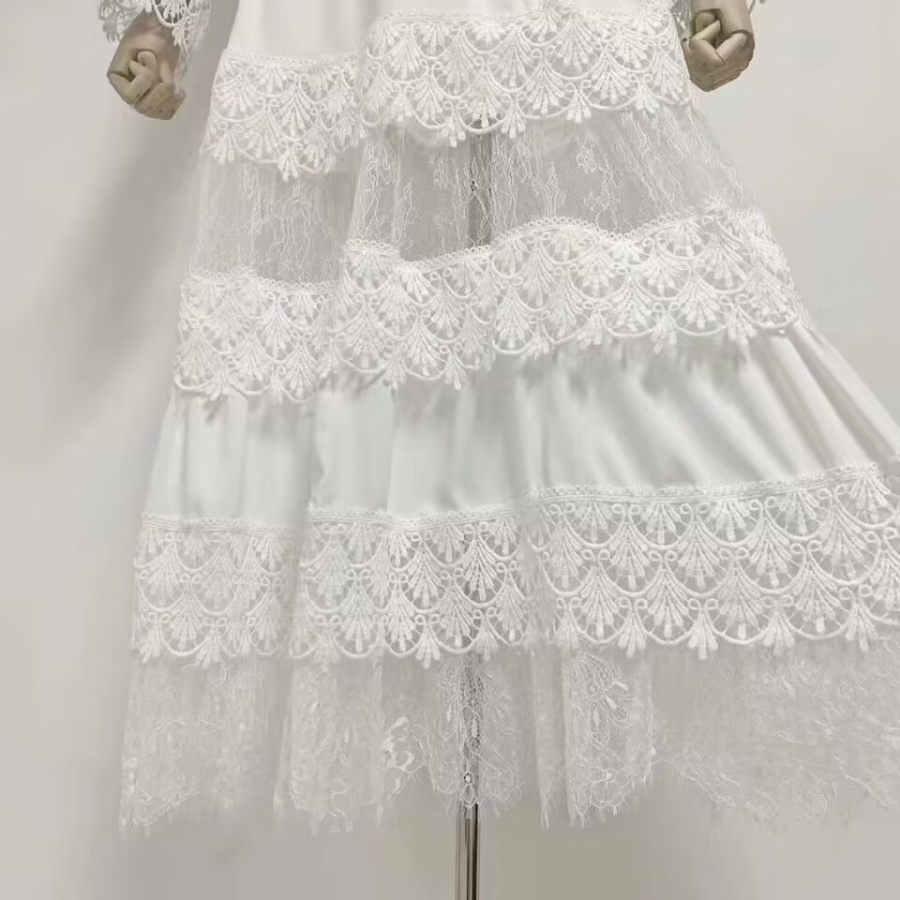 Bow white slim long dress lace splice frenum dress