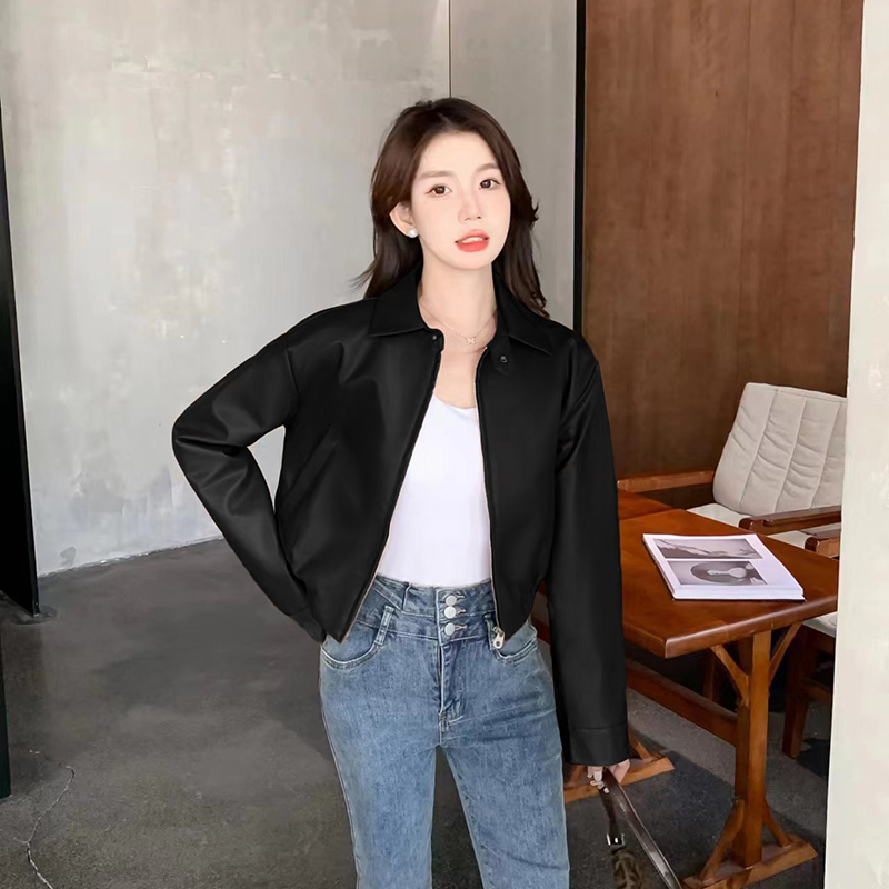 Korean style coat cstand collar leather coat for women