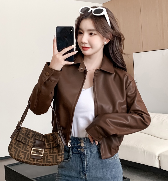 Korean style coat cstand collar leather coat for women