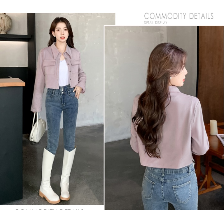 Leather cashmere retro tops short autumn coat for women