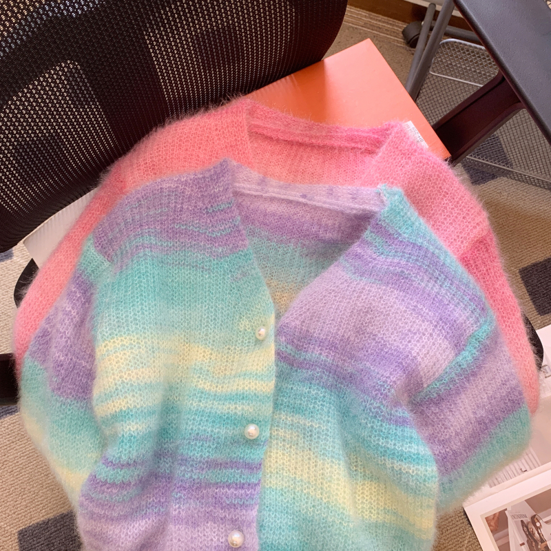 Japanese style short sweater rainbow coat for women