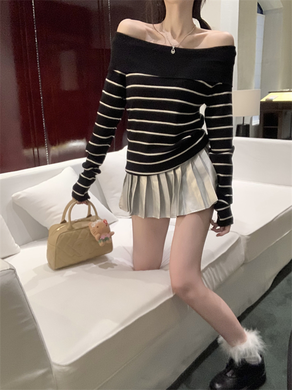 High waist spicegirl clavicle horizontal collar sweater