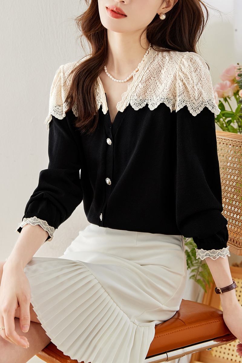 France style long sleeve splice autumn niche lace tops