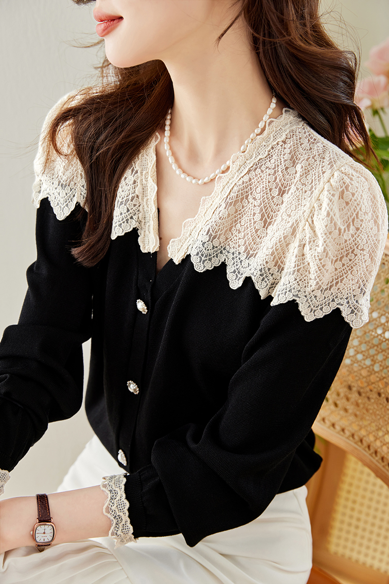 France style long sleeve splice autumn niche lace tops