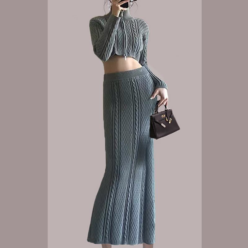 Knitted skirt twist tops a set for women
