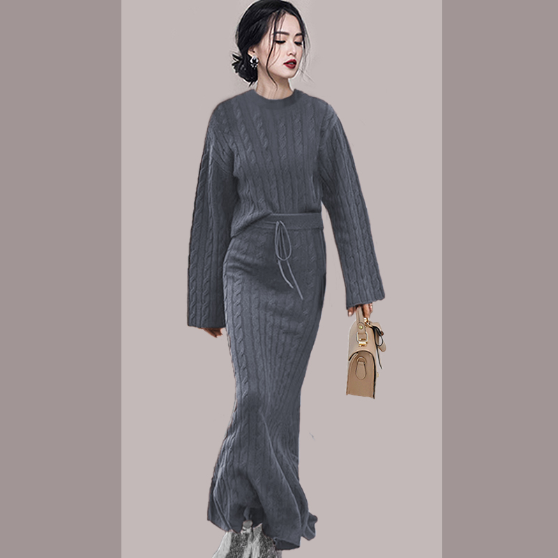 Autumn slim long skirt knitwear temperament sweater 2pcs set