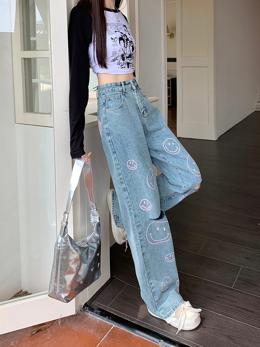 Hand-painted printing jeans loose smiley long pants