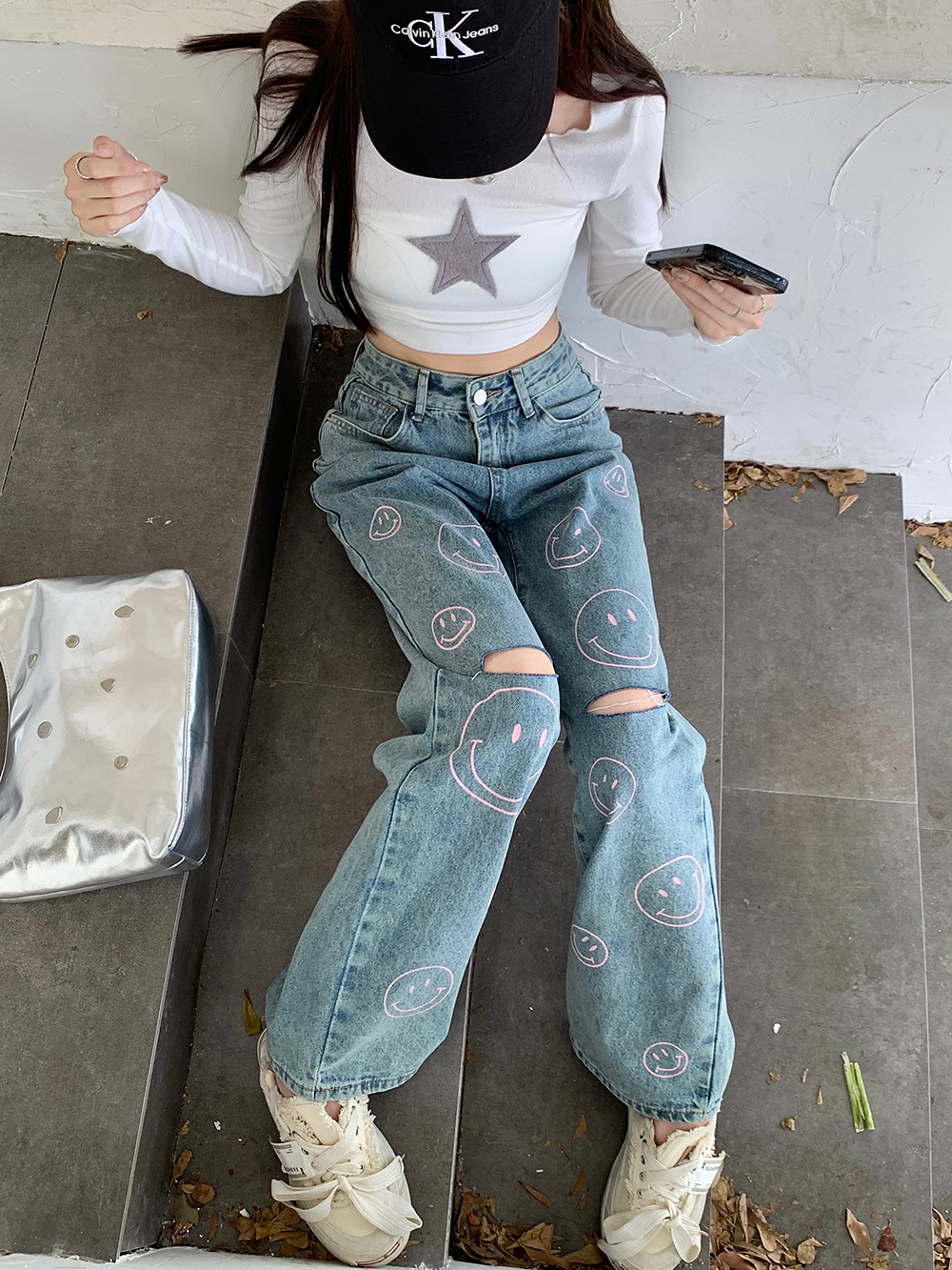 Hand-painted printing jeans loose smiley long pants